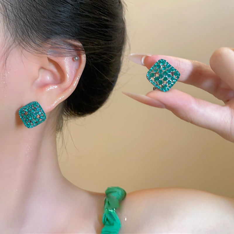 Green Fully Paved Hollow-out Crystal Square Stud Earrings