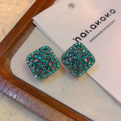 Green Fully Paved Hollow-out Crystal Square Stud Earrings