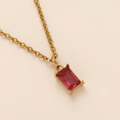 Titanium Steel Necklace Rectangular 12month Birthday Stone Pendant Colorful Zircon Clavicle Chain