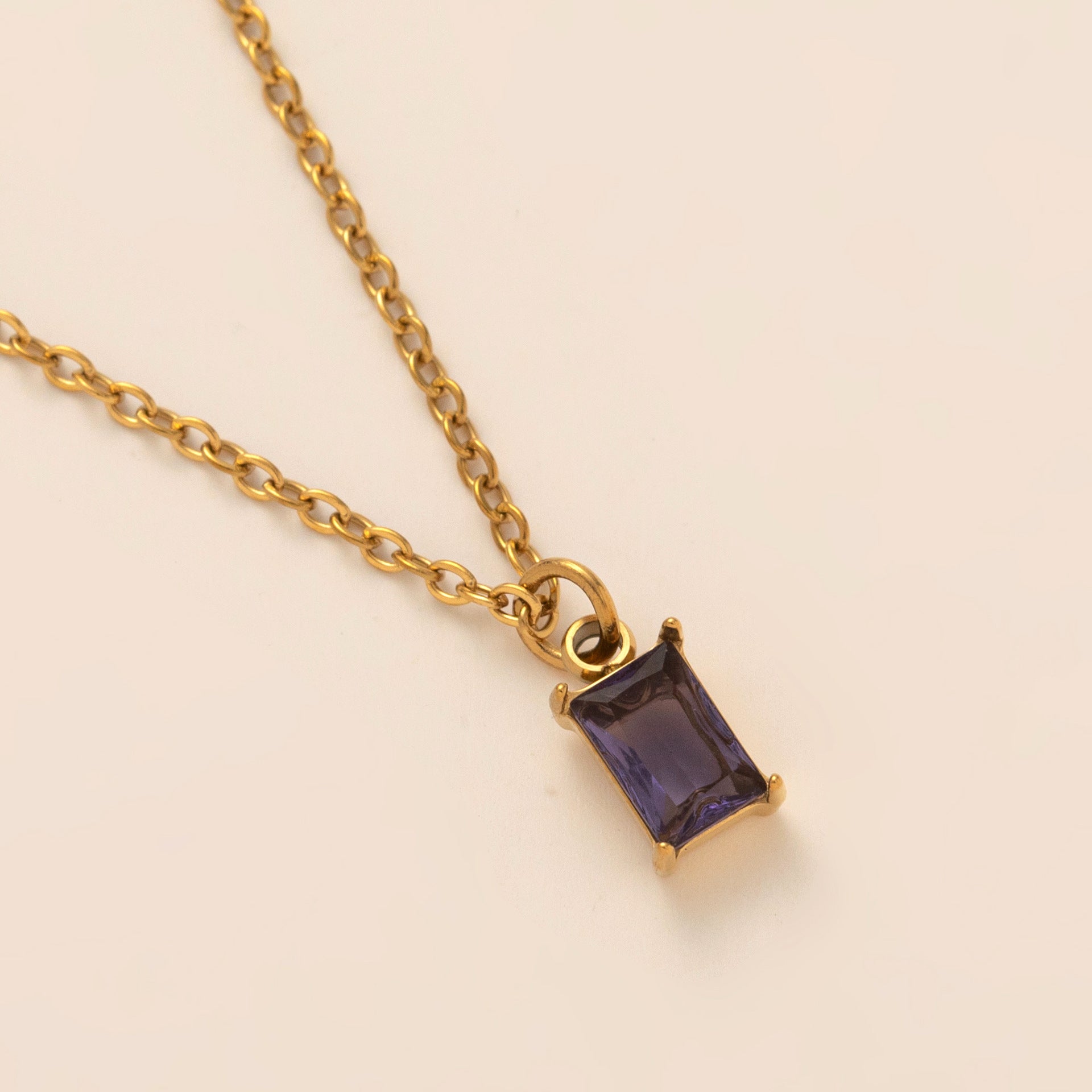 Titanium Steel Necklace Rectangular 12month Birthday Stone Pendant Colorful Zircon Clavicle Chain
