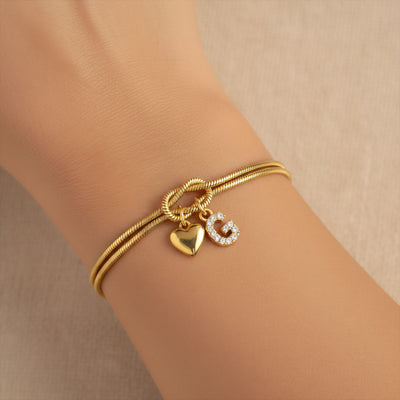 Diamond-Encrusted 26-Letter Heart Pendant Bracelet