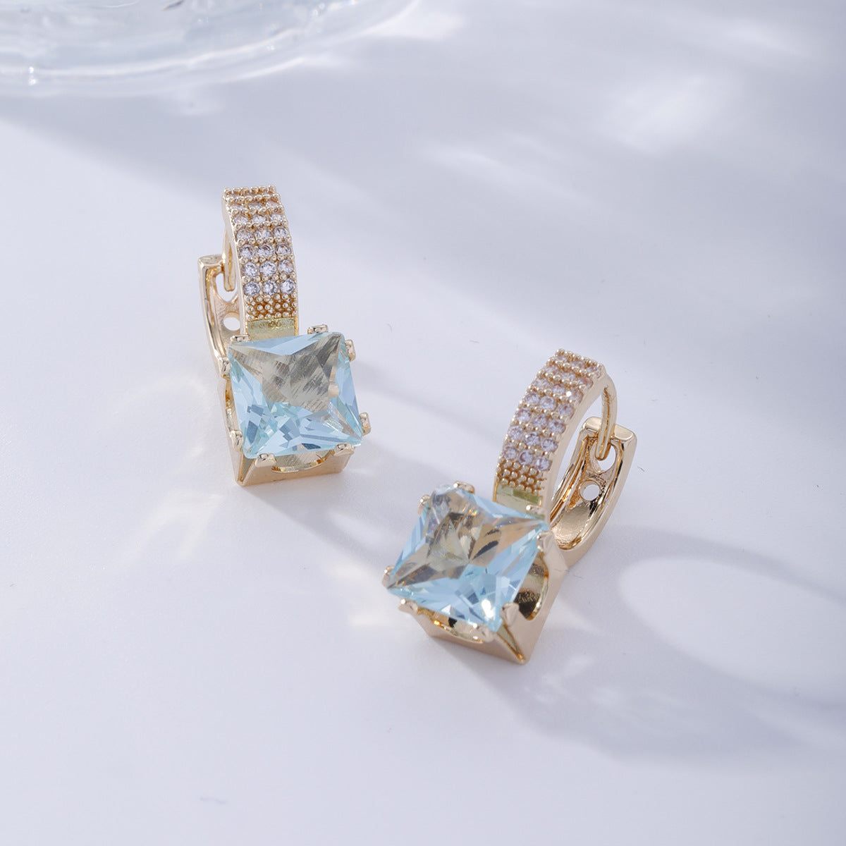 Elegant Sugar-cube-shaped Cubic-zirconia Silver Needle Blue Square Stud Earrings