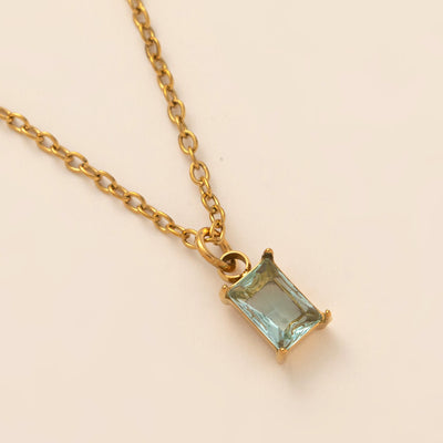 Titanium Steel Necklace Rectangular 12month Birthday Stone Pendant Colorful Zircon Clavicle Chain