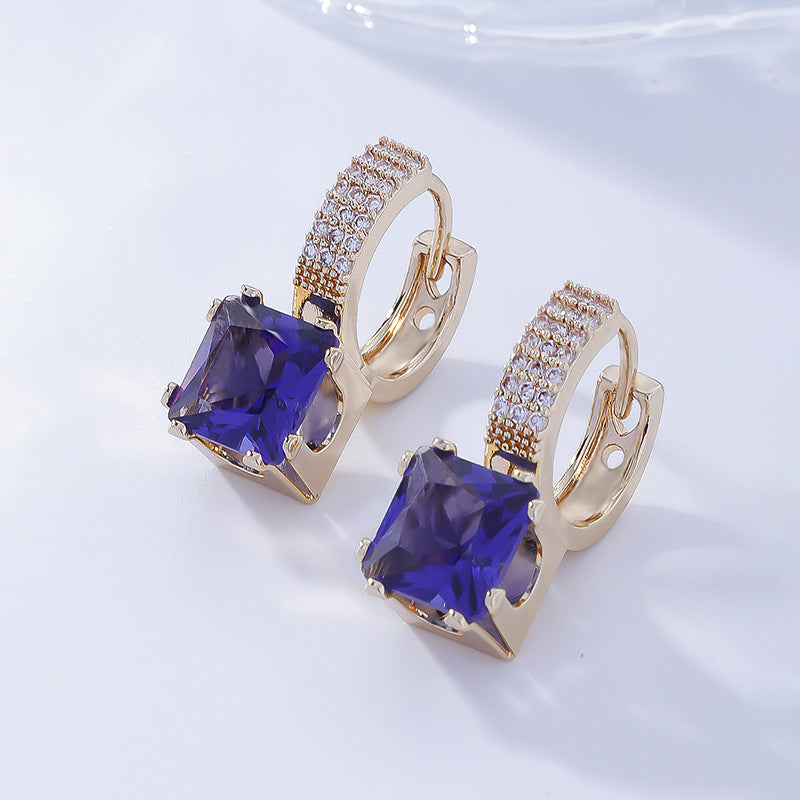 Elegant Sugar-cube-shaped Cubic-zirconia Silver Needle Blue Square Stud Earrings