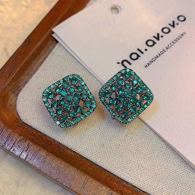 Green Fully Paved Hollow-out Crystal Square Stud Earrings